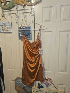 iris Copper Satin Cowl Mini Dress with Sparkle